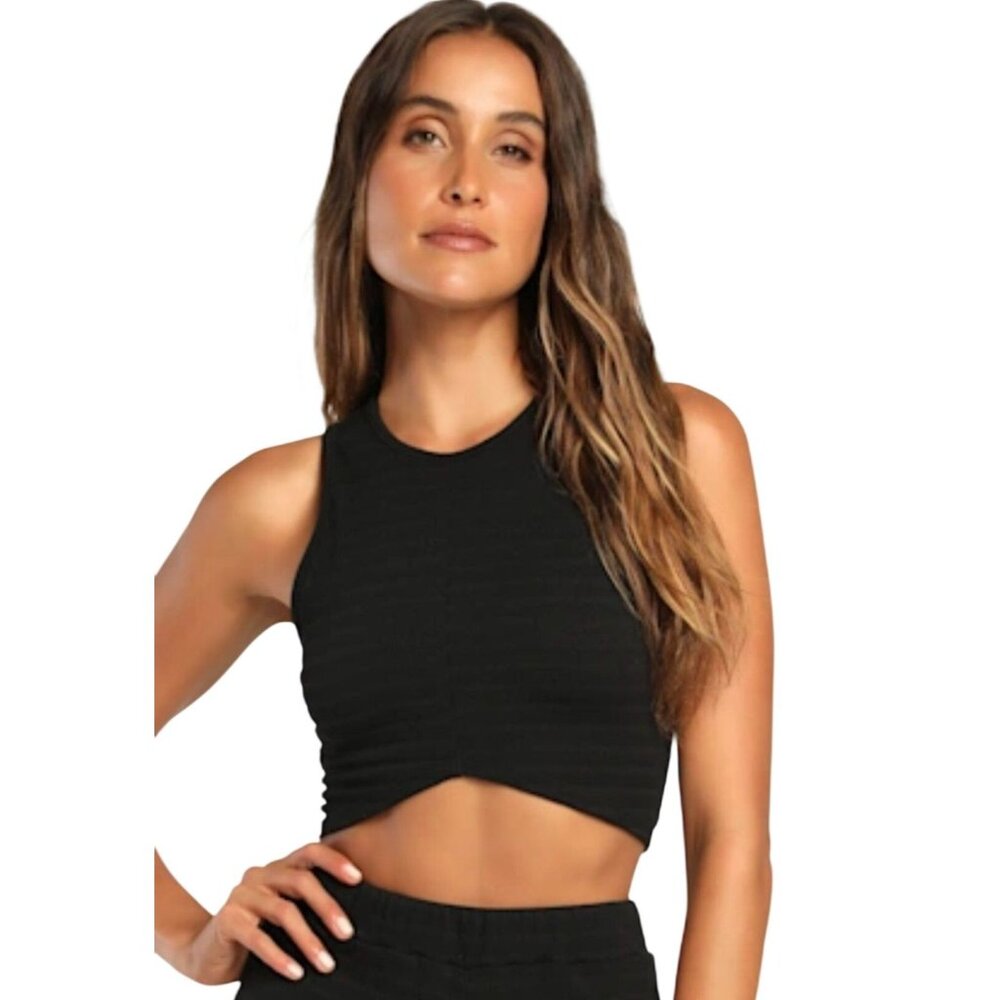 NYC Womens Cropped Top L Black Ribbed Sleeveless Stretch Sporty Casual Hip Hop